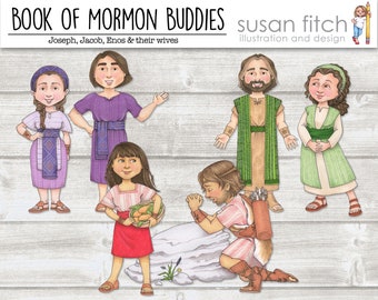 Puede incluir: Muñecas de papel ilustradas de personajes del Libro de Mormón, incluyendo a José, Jacob, Enos y sus esposas. Las muñecas son coloridas y tienen detalles elaborados. El título "Book of Mormon Buddies" está en la parte superior de la imagen, con el nombre del artista "Susan Fitch" y las palabras "ilustración y diseño" debajo.