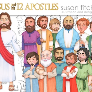 Jesus Christ and his 12 Apostles, clip art and coloring pages