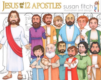 Jesus Christ and his 12 Apostles, clip art and coloring pages