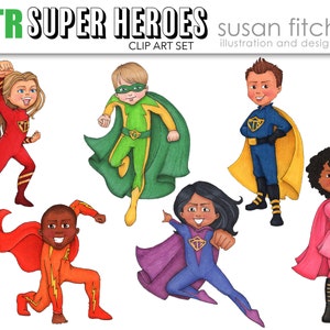 Puede incluir: Conjunto de seis ilustraciones de superhéroes. Los superhéroes llevan trajes coloridos con capas y máscaras. Los personajes son diversos e incluyen una niña con el pelo largo y rubio, un niño con el pelo verde, un niño con el pelo castaño, una niña con el pelo castaño, un niño con la piel morena y una niña con la piel morena.