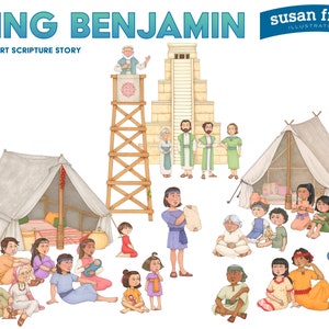 May include: A colourful illustration of King Benjamin speaking from a platform to a group of people. The illustration includes a tent, a temple, and a variety of people, including children. The text "KING BENJAMIN CLIP ART SCRIPTURE STORY" is at the top of the image.