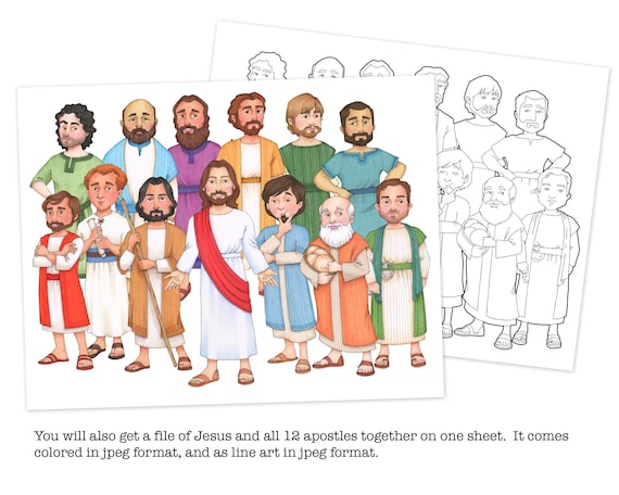 jesus christ and his 12 apostles clip art and coloring pages etsy