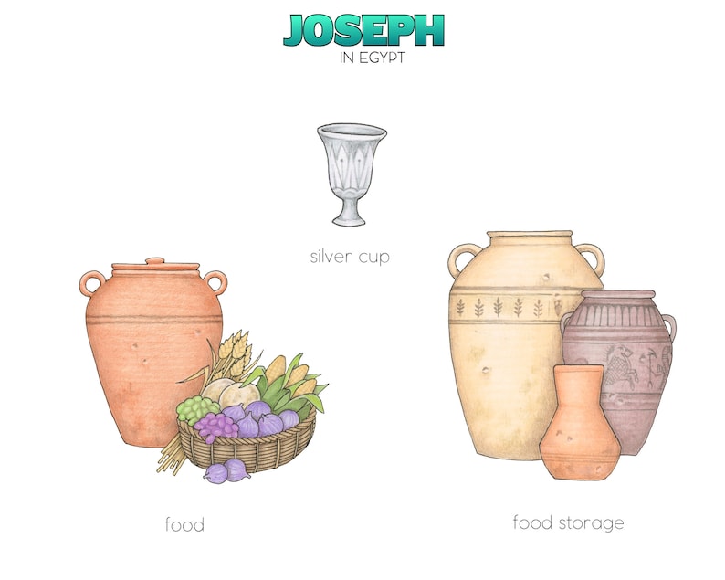 May include: An illustration of a scene from the story of Joseph in Egypt. The image shows a silver cup, a basket of food, and three clay jars for food storage. The text "JOSEPH IN EGYPT" is at the top of the image.