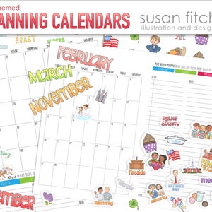 Puede incluir: Un conjunto de calendarios de planificación temáticos de SUD imprimibles con títulos de meses coloridos e ilustraciones. Los calendarios incluyen una cuadrícula mensual con espacio para notas y una página separada para planificar con un propósito.