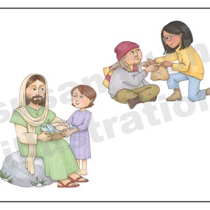 May include: A man with a beard and long hair is sitting on a rock and holding a basket of fish and bread. A young girl is standing next to him. A woman in a yellow sweater is kneeling and giving a bag of food to a person wearing a red hat and scarf.