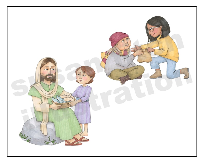 May include: A man with a beard and long hair is sitting on a rock and holding a basket of fish and bread. A young girl is standing next to him. A woman in a yellow sweater is kneeling and giving a bag of food to a person wearing a red hat and scarf.