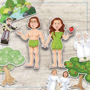 Może przedstawiać: Kolorowa ilustracja Adama i Ewy trzymających się za ręce, z czerwoną jabłkiem w ręce Ewy. Obraz zawiera węża, drzewa i inne postacie, wszystkie w stylu kreskówkowym. Tło to jasne usłojenie drewna.