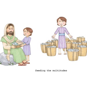 May include: A man with a beard and long hair is holding a basket of fish. A young person is standing next to him. The text "feeding the multitudes" is written below the image. There are many baskets of fish in the background.