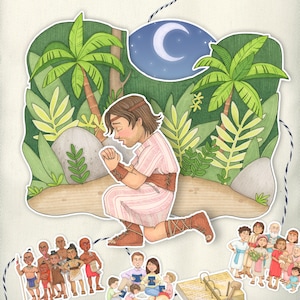 May include: A man with brown hair and a pink and white striped shirt kneels in prayer in a forest setting. The man is surrounded by green trees and plants. The moon is visible in the sky.