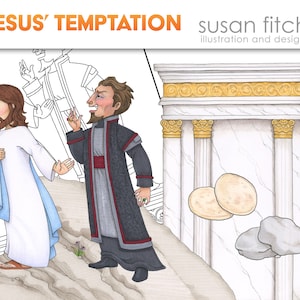 May include: A black and white illustration of Jesus being tempted by the devil. The devil is wearing a red and black robe and has a pointed beard. Jesus is wearing a white robe and has a beard. The text "JESUS' TEMPTATION" is at the top of the image. The text "susan fitch illustration and design" is at the top right of the image.