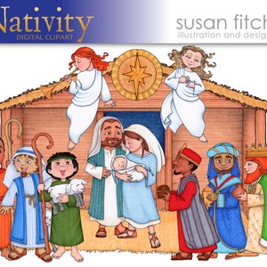 May include: A Nativity scene illustration with a manger, Mary, Joseph, baby Jesus, and three wise men. The scene is set in a barn with a straw roof and a star above. The wise men are wearing colorful robes and carrying gifts. The illustration is in a cartoon style with bright colors.