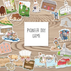 May include: A collection of illustrated stickers featuring pioneer-themed scenes, including log cabins, covered wagons, buffalo, and historical figures, surrounding a central white square with the black text Pioneer Day Game.