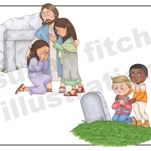 May include: A group of people are gathered around a tomb. A man with a beard and long hair is comforting two women who are crying. In the background, a young boy is comforting another boy who is kneeling by a tombstone.
