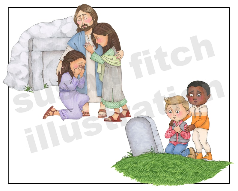 May include: A group of people are gathered around a tomb. A man with a beard and long hair is comforting two women who are crying. In the background, a young boy is comforting another boy who is kneeling by a tombstone.
