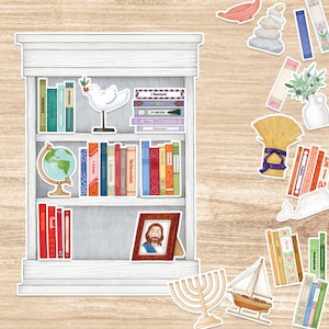 May include: A white bookshelf sticker with various book stickers, a globe, and a dove. The books have titles like "Genesis" and "Judges." Additional stickers include a menorah, a sailboat, and a framed portrait.