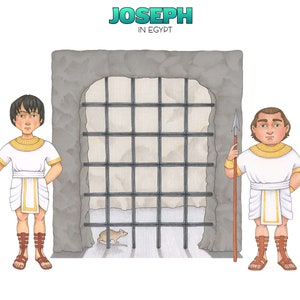 May include: Two men in white tunics stand in front of a stone doorway with a barred gate. The men are holding spears. The text "JOSEPH IN EGYPT" is at the top of the image.