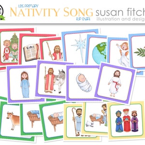 May include: A colorful flip chart with illustrations depicting the Nativity story. The images include a star, a dove, a manger, a donkey, a cow, shepherds, wise men, and a baby Jesus. The title of the chart is "Nativity Song" and the text "Susan Fitch Illustration and Design" is also included.