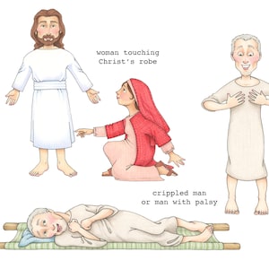 May include: A white-robed figure stands with arms outstretched, a woman in a red robe touches the figure's robe, a man in a white robe stands with hands on his chest, and a man lies on a stretcher with his hand on his chest. The text "woman touching Christ's robe" is above the woman and the text "crippled man or man with palsy" is below the man on the stretcher.