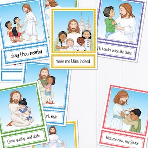 Puede incluir: Un conjunto de tarjetas ilustradas que representan figuras religiosas con niños. Las tarjetas tienen bordes de colores y texto como "stay thou nearby" y "make me thine indeed". Las ilustraciones tienen un estilo suave.