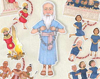 May include: A colorful illustration of a man with a long white beard wearing a blue and white striped robe with a red sash and a chain around his wrists. He is surrounded by other figures, some in robes, some in modern clothing, and some in traditional attire. The illustration is set against a white background with red string.