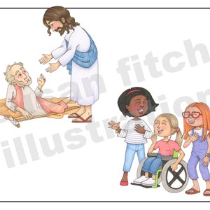 May include: A colorful illustration depicting a scene of kindness and compassion. Jesus, wearing a white robe and blue sash, reaches out to a man lying on the ground. Three girls, one in a wheelchair, are smiling and laughing together. The image conveys a message of love, acceptance, and support.