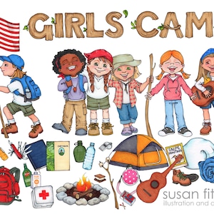 LDS Girls&#39; Camp digital clip art pack including campers, their gear and more!!!