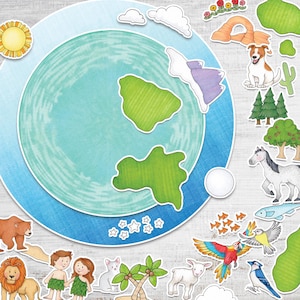 Può includere: Una scena illustrata colorata con una Terra stilizzata circondata da vari ritagli di animali e natura. Include un sole, nuvole, alberi, un cavallo, un cane, un pappagallo e altri animali. Il tema è un progetto educativo o creativo per bambini.