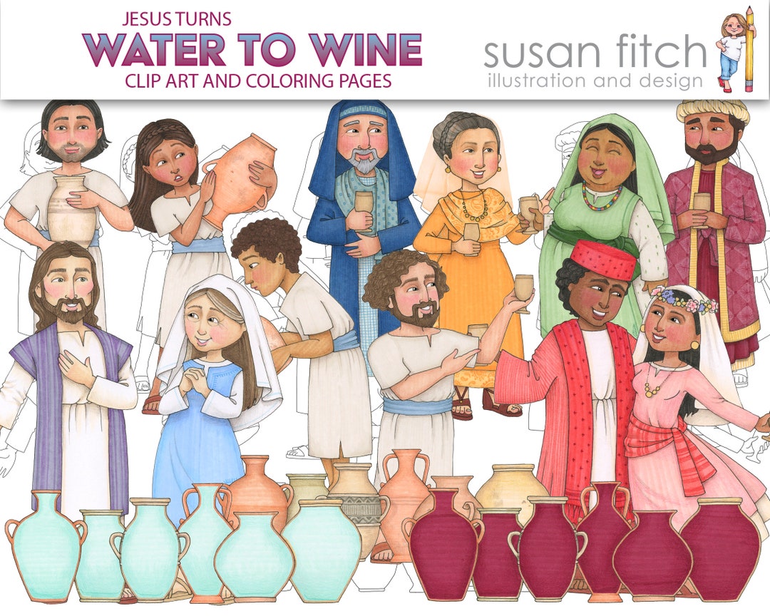 Jesus Turns Water to Wine Clip Art & Coloring Pages Etsy