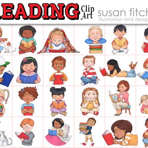 May include: A set of 36 colorful illustrations of children reading books. The illustrations are in a cartoon style and feature a variety of children with different skin tones, hair colors, and clothing. The children are reading a variety of books, including fiction, non-fiction, and picture books. The illustrations are perfect for use in educational materials, classroom decorations, or children's books.