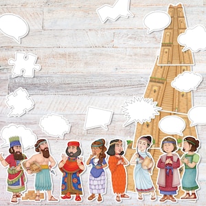 Pode incluir: Um recorte de papel colorido que retrata uma torre e várias figuras de desenhos animados em trajes antigos. As figuras estão dispostas em uma linha, com balões de fala e peças de quebra-cabeça espalhadas pela cena. A torre é bege com escadas marrons.