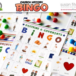 Könnte beinhalten: Ein druckbares "Church History Bingo" Spiel mit bunten Spielsteinen. Die Spielkarten zeigen Illustrationen und Text, darunter "Doctrine & Covenants" und "Free Space". Das Spiel wurde von Susan Fitch entworfen.
