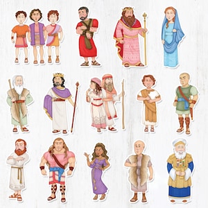 May include: A set of sticker cutouts showing figures in ancient clothing. The stickers feature men and women in robes, tunics, and crowns, some holding staffs. The color palette includes red, blue, purple, and gold. Ideal for educational purposes.