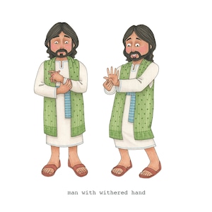 May include: A man with a green robe and a beard stands with his left hand clenched. In the next image, the man's hand is open and his fingers are extended. The caption below the images reads "man with withered hand".