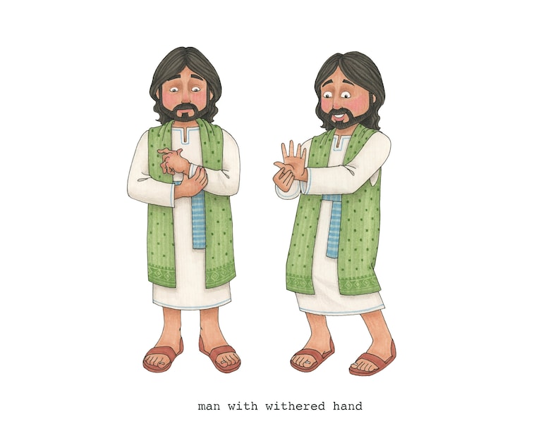 May include: A man with a green robe and a beard stands with his left hand clenched. In the next image, the man's hand is open and his fingers are extended. The caption below the images reads "man with withered hand".