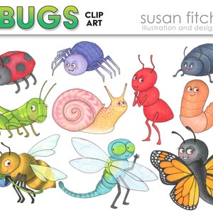 May include: A set of ten colorful cartoon bug illustrations, including a ladybug, spider, snail, ant, worm, grasshopper, bee, dragonfly, and butterfly. The illustrations are drawn in a whimsical style with bright colors and friendly faces.