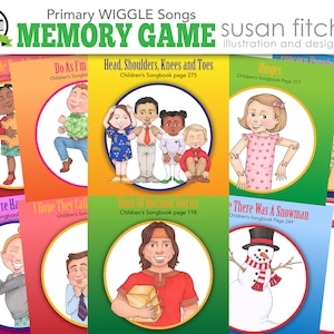 May include: A printable memory game featuring illustrations of children singing popular Wiggle songs. The game includes images of children singing songs like "Jesus Wants Me", "Do As I'm Told", "Head, Shoulders, Knees and Toes", "Hinges", "If You're Happy", "I Hope They Call Me" and "There Was A Snowman".