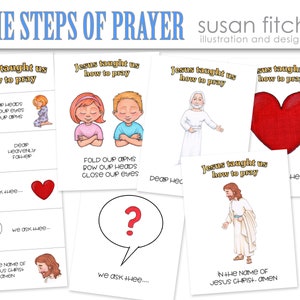 May include: A printable set of cards with illustrations and text that teaches the steps of prayer. The cards feature images of Jesus, children, and a heart. The text on the cards includes phrases like "Bow our heads", "Close our eyes", "Fold our arms", "Dear Heavenly Father", "We thank thee", "We ask thee", and "In the name of Jesus Christ, Amen".