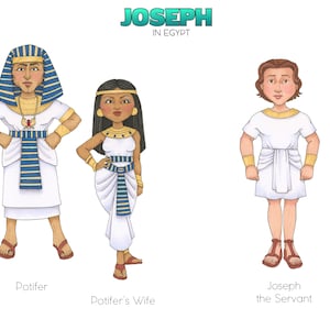 May include: Illustration of three people from the biblical story of Joseph in Egypt. A man wearing a white robe with a blue and gold sash, a woman wearing a white dress with a blue and gold sash, and a man wearing a white robe with a gold sash. The text "Joseph in Egypt" is at the top of the image.