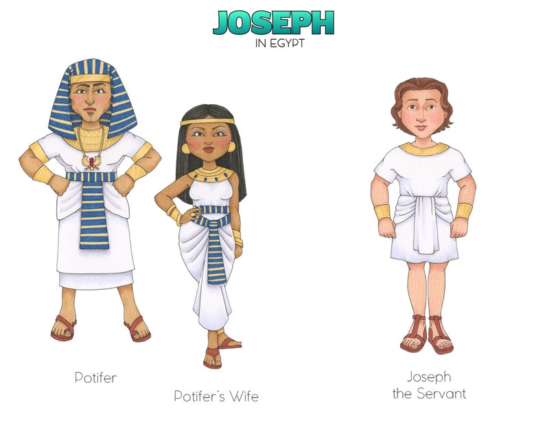May include: Illustration of three people from the biblical story of Joseph in Egypt. A man wearing a white robe with a blue and gold sash, a woman wearing a white dress with a blue and gold sash, and a man wearing a white robe with a gold sash. The text "Joseph in Egypt" is at the top of the image.