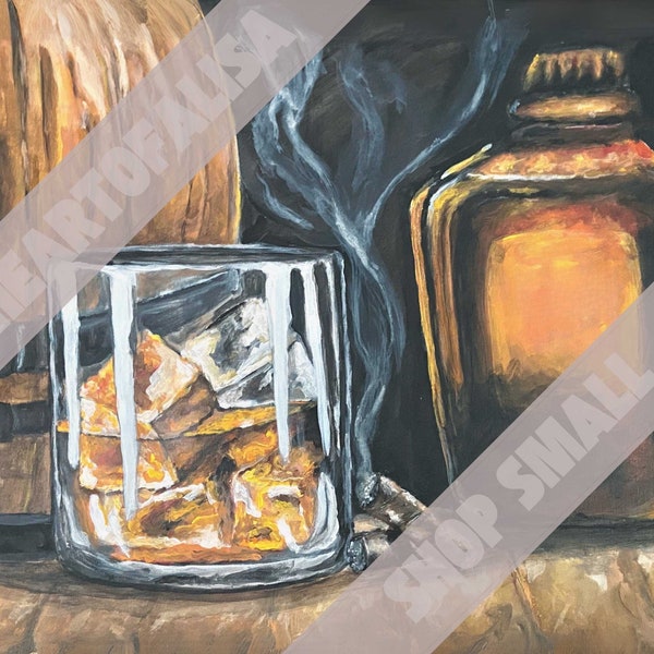 CANVAS PRINT: "JJF Whiskey & Cigar” - Aged Bourbon Whiskey Cigar Art - 10x8, 15x12, 20x16, 30x24 Available Sizes