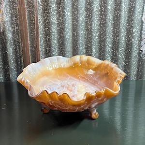 Vintage Imperial Caramel Slag Glass Embossed Rose Bowl Ruffled Edge MCM 1950s