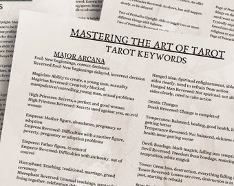 May include: A close-up of a tarot card deck guide with keywords for each card. The guide is printed on white paper with black text. The guide includes the Major Arcana, Suit of Cups, Suit of Wands, Suit of Pentacles, and Suit of Swords.