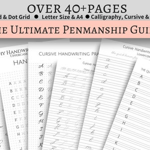 Puede incluir: Un conjunto de hojas de trabajo imprimibles para practicar la escritura cursiva. Las hojas de trabajo presentan papel rayado con el alfabeto y la frase "the quick brown fox jumps over the lazy dog" para practicar.