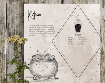 May include: A vintage style illustration of a potion called "Kykeon" with a list of ingredients: 4 parts red wine, 3 parts pennyroyal, 3 parts barley flour, and 1 part goat cheese.