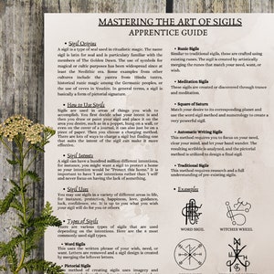 May include: A guide to mastering the art of sigils, a type of symbolic representation used in ritualistic magic. The guide covers sigil origins, how to use them, their intent, and different types of sigils, including word sigils, witches' wheels, and pictorial sigils. Examples of sigils are shown.