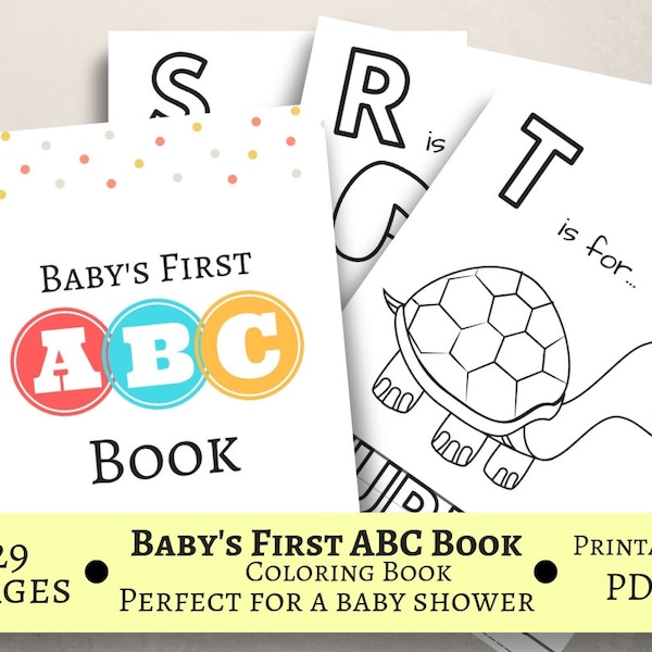 Baby's First ABC Book, Baby Shower Game, Coloring Book, Printable PDF, Letter Size, Prefilled Coloring pages