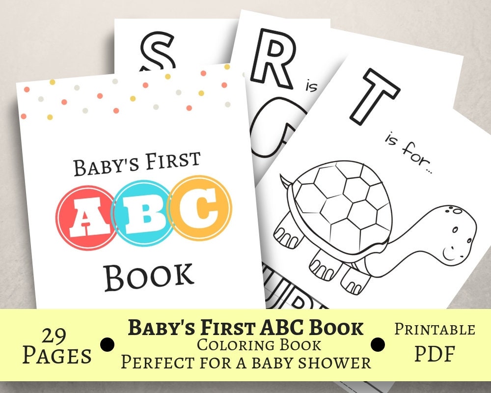 Baby's First ABC Book, Baby Shower Game, Coloring Book, Printable PDF, Letter Size, Prefilled Coloring pages