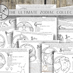 May include: A black and white illustration of the 12 zodiac signs with their corresponding dates and descriptions. The signs are arranged in a circle with the text "The Ultimate Zodiac Collection" at the top.