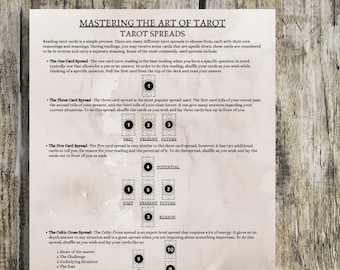 May include: A printed guide titled "Mastering the Art of Tarot" on a wooden surface. The guide details various tarot spreads, including the One Card, Three Card, Five Card, and Celtic Cross spreads, with diagrams and explanations for each.