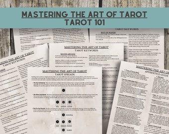 May include: A collection of colorful pages with the title "Mastering the Art of Tarot" and the text "Tarot 101" in a bold, white font. The pages contain information about tarot cards, spreads, and keywords. The pages are laid out on a wooden surface.